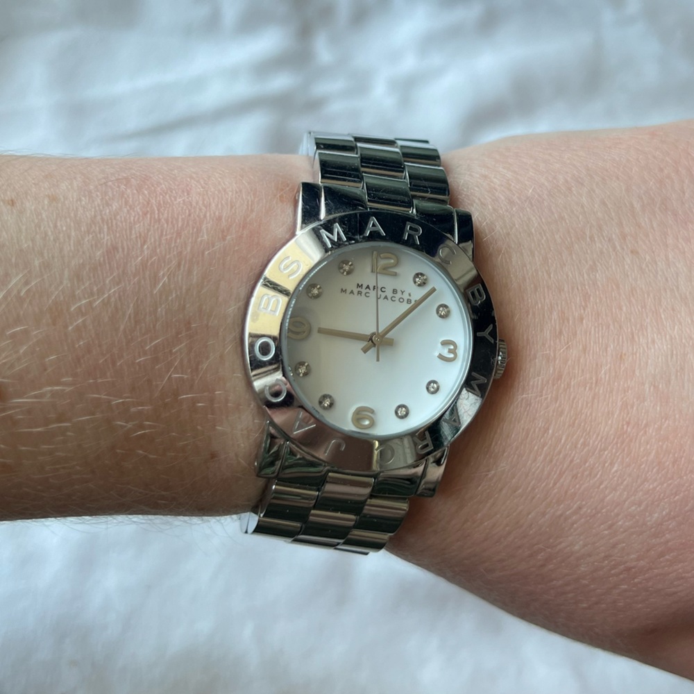 Marc Jacobs Silver and White Watch with Stainless Steel Bracelet